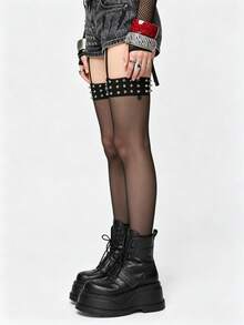 ROMWE Goth 1雙龐克風多層鉚釘吊帶 Y2K 黑色純色緊身褲 時尚百搭褲襪 - 鉚釘黑色吊帶 - 查看 4