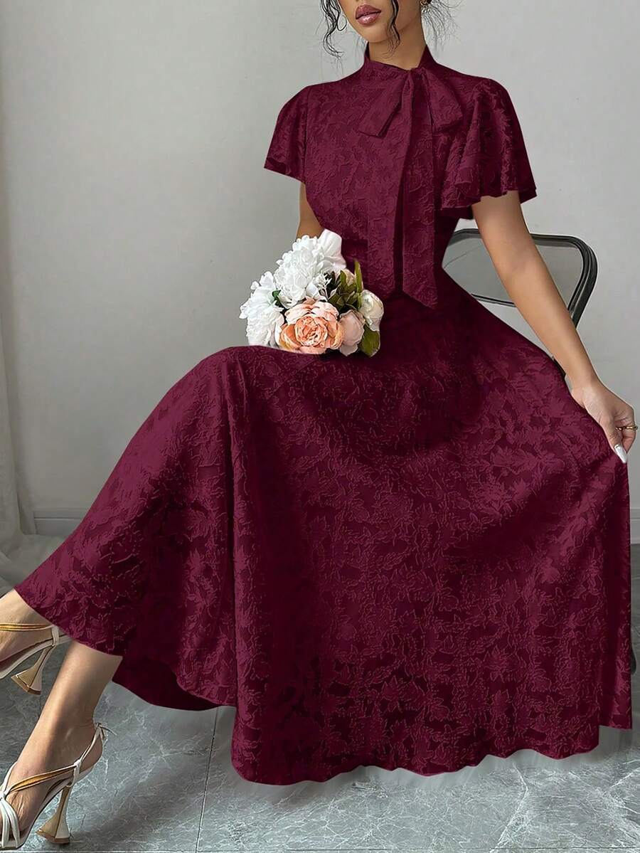 Modelyn 女士优雅提花结领收腰褶皱喇叭连衣裙，适合派对和约会，夏季 - 紅色 - 查看 1