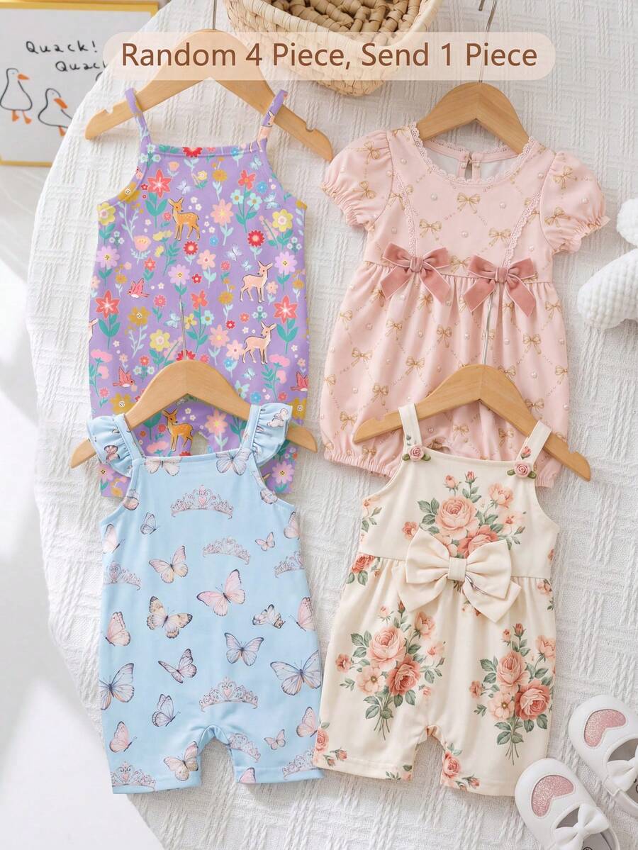 SHEIN 女嬰紫色春季旋轉款甜美可愛公主風波希米亞花卉小鹿圖案印花休閒吊帶連身褲，適合春夏日常、度假、節慶、農場、野餐、春季穿搭 - 彩色 - 查看 1