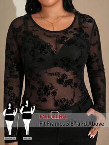 SHEIN Tall CURVE 大码女式花卉网纱透视长袖性感上衣 - 黑色 - 查看 1