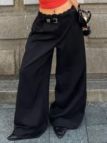 SHEIN Tall CURVE 大码女装夏季街头风商务休闲优雅约会之夜办公室穿搭，时尚简约撞色蕾丝黑色长裤 - 黑色 - 查看 8