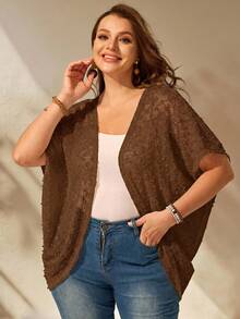 EMERY ROSE Chaqueta casual de talla grande para vacaciones con unicolor, dobladillo asimétrico y mangas de murciélago, primavera/verano - Marrón Chocolate - Ver 3