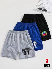 SHEIN 3pcs/Set Tween Boy Casual Basketball Patterns, Sports Silhouette Patterns, And The Number 67 Pattern Athletic Shorts, Suitable For Spring/Summer , Daily Wear, Sports, Outings, School, Parties, Festivals, Photoshoots - Multicolor - View 4