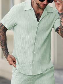 Manfinity Homme Camisa casual de manga corta de un solo pecho de unicolor para hombre, ceremonia - Verde - Ver 4