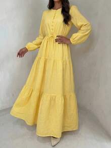 Yasmyna Women's Solid Color Long Sleeve Round Neck Bow Knot Button Arabian Dress Going Out - Yellow - View 5