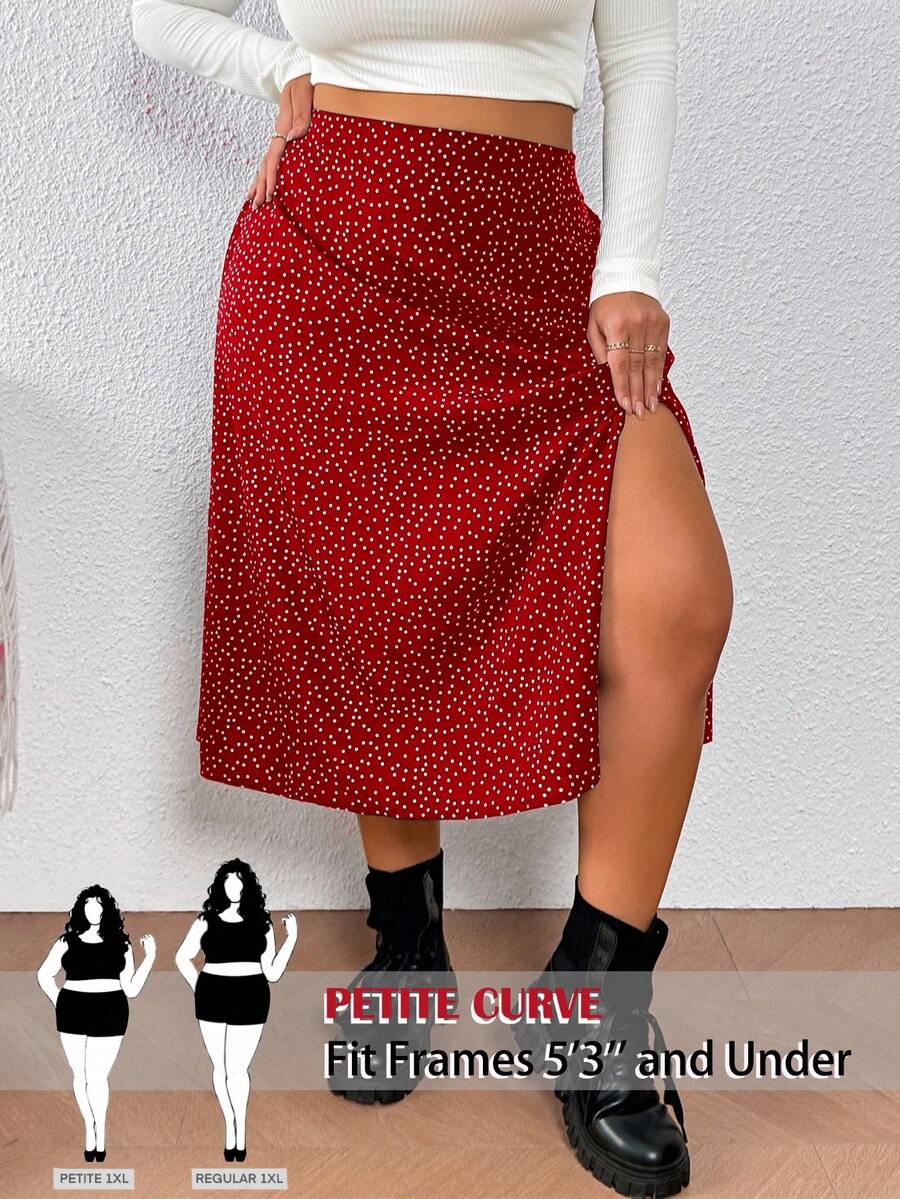 SHEIN PETITE CURVE 大尺碼中長版 A 字開衩圓點休閒度假裙 - 紅色 - 查看 1