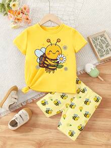 Blind Box Set 1pc Girls Toddler Bee Flower Heart Letter Print Basic Short Sleeve T-Shirt And Cycling Pants - Multicolor - View 4