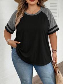 SHEIN CURVE+ 大尺碼女款夏季休閒撞色落肩袖T恤上衣 春季海灘度假波希米亞風休閒短袖衫 - 黑色 - 查看 5