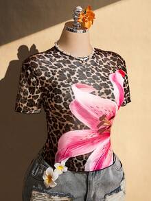 SHEIN ICON 女款大尺碼花卉豹紋圓領短袖休閒上衣 - 彩色 - 查看 5