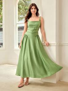 MOTF PREMIUM SPRING/SUMMER WOMEN'S TEXTURED WAIST-CINCHED FLARED STRUCTURE DESIGN DRESS - Green - View 6