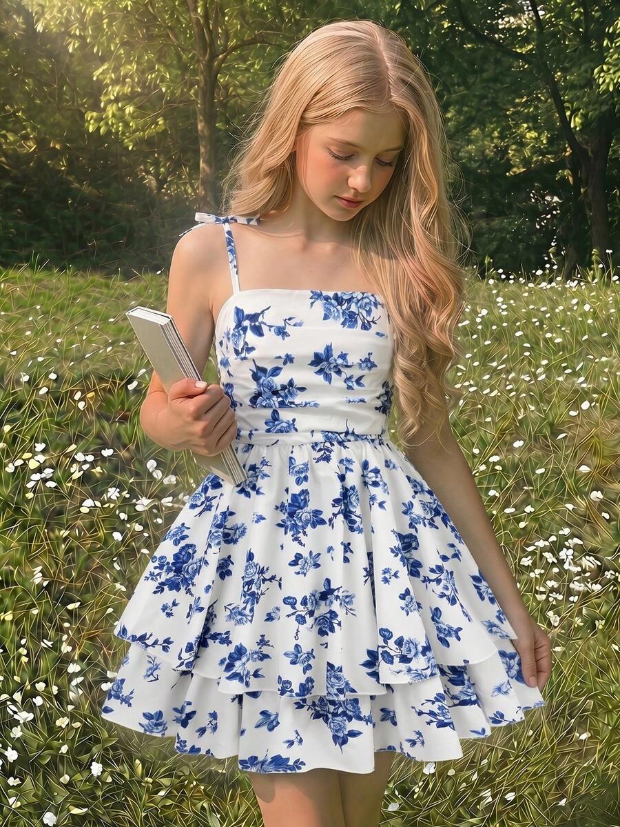 SHEIN 少女春夏法式优雅蓝白碎花双层连衣裙,休闲吊带法式仙女裙,优雅长袖蛋糕裙,适合所有季节,日常休闲,毕业季,旅行假期,派对,生日,情人节,婚礼季,公主裙等场合。 - 藍色 - 查看 1