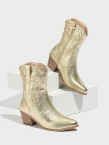 Daringsoles 女士厚底性感假日西部靴通勤刺绣尖头中跟侧拉链秋冬靴美式短靴低帮靴假日圣诞节万圣节复古靴 - 金色 - 查看 13