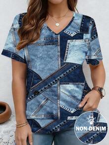 EMERY ROSE Patchwork Printed V-Neck Short-Sleeved Plus-Size T-Shirt, Retro Fake Pocket Button Casual Top - Multicolor - View 1