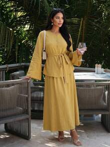DAZY Spring Loose Casual Elegant Pullover Shirt & Long Skirt 2 Pieces Set For Women Lounge Sets For Women - Yellow - View 13