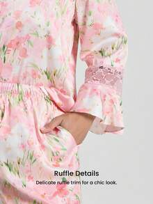 LUVLETTE 大码优雅性感粉色碎花睡衣套装 - 长袖上衣和蕾丝边阔腿裤，迷人居家睡衣，婚礼必备单品，现正流行 - 粉色 - 查看 10