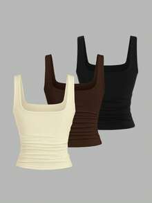 Sweetra Women's Solid Color Square Neck Pleated Casual Versatile Tank Top - Multicolor - View 2