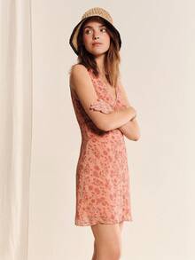 lacRébo Orange Floral Sleeveless Mini Dress With Lace-Trim, V Neckline, Underbust Seam And A-Line Shape Summer Vacation Dress - Pink - View 4