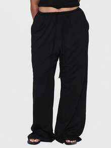 MUSERA Pantalon fluide grande taille à taille élastiquée avec cordon de serrage, coupe ample, jambes larges, style cool girl, mignon, pour l'été, le printemps, les vacances et le quotidien, Bad Timing - Noir - Voir 1