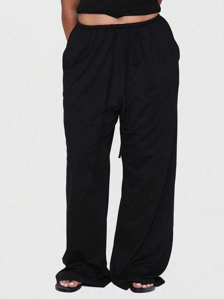 MUSERA Pantalon fluide grande taille à taille élastiquée avec cordon de serrage, coupe ample, jambes larges, style cool girl, mignon, pour l'été, le printemps, les vacances et le quotidien, Bad Timing - Noir - Voir 1