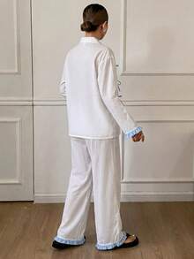 DAZY Cute Colorblock Lace-Up Bow Ruffle Trim Cardigan Long Sleeve & Long Pants 2pcs Set Spring Women's Pajama Set Fall - White - View 2