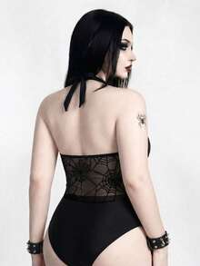 ROMWE Goth 2026新款春夏大尺碼女款度假海灘蜘蛛網網格掛脖式分體式比基尼套裝 - 彩色 - 查看 2