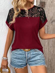 EMERY ROSE Women's Designer Street Style Lace Patchwork Contrast Color Round Neck T-Shirt - Burgundy - View 3