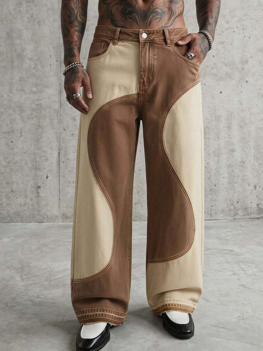 AXEPEAK Men's Pockets Button Patchwork Contrast Color Washed Retro Streetwear Denim Jeans Holiday Beige Summer - Brown - View 1