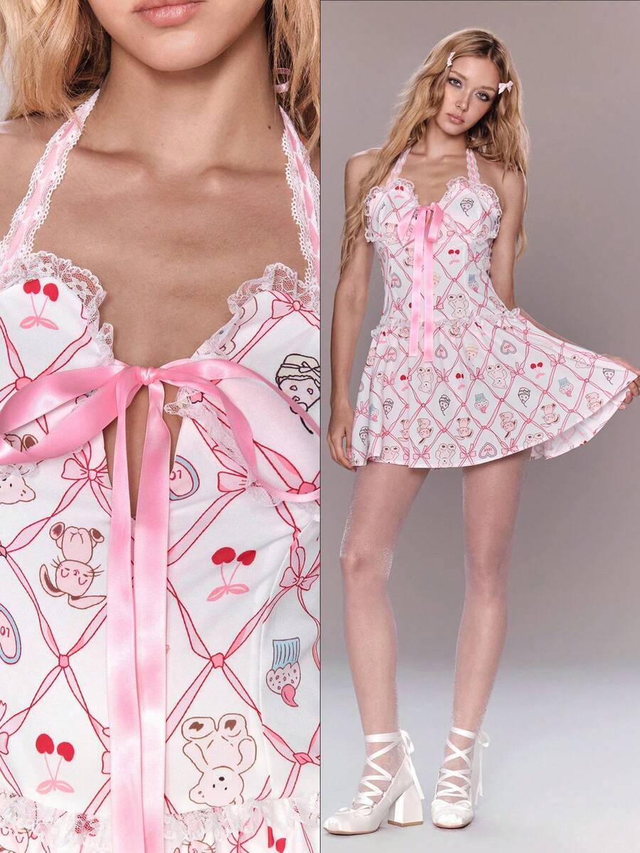 ROMWE Kawaii 女款卡通印花蝴蝶結裝飾掛脖綁帶可愛迷你洋裝,適合約會與派對 - 粉色 - 查看 1