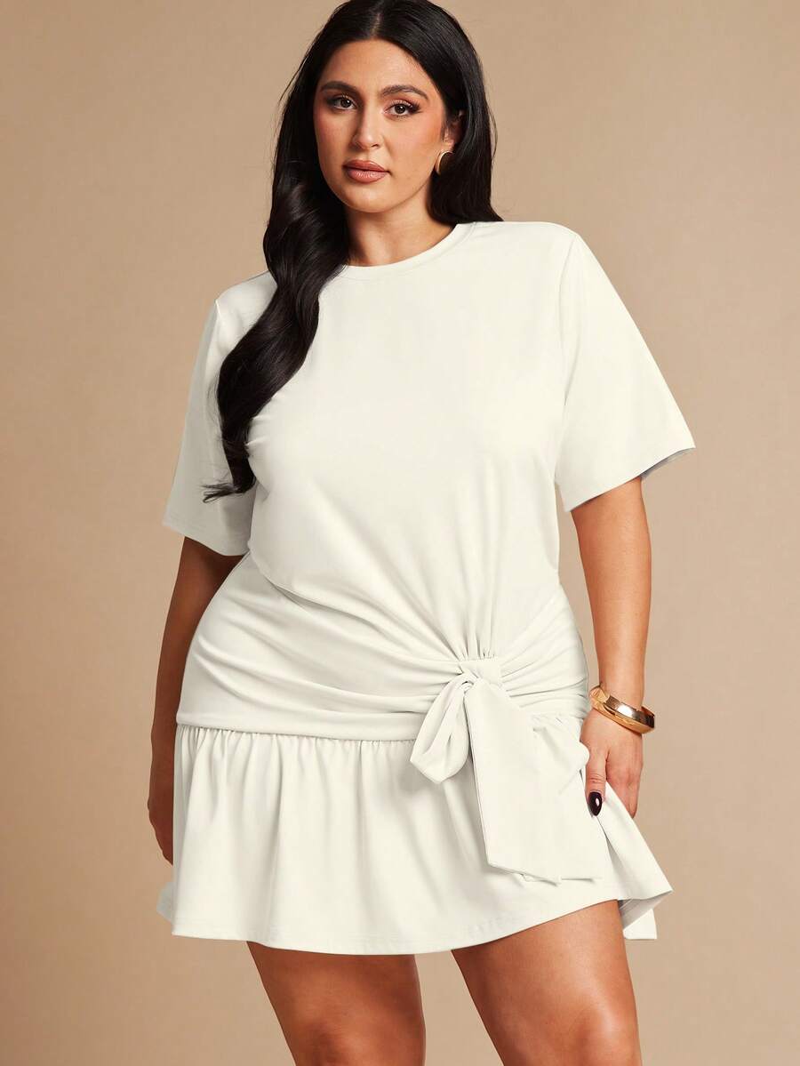 SHEIN BAE 加大码女式杏色系腰短袖连衣裙 - 白色 - 查看 1