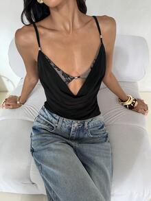 Aloruh Black Lace Bodysuit Sexy Bra Cup Mesh Patchwork - Black - View 7
