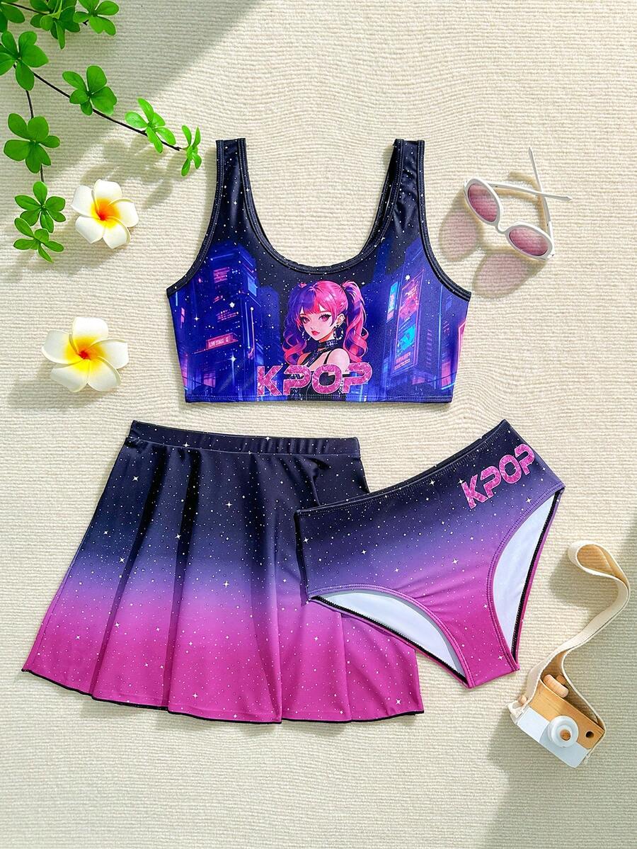 SHEIN 青少年女孩泳衣套裝,卡通女孩印花,3件套含裙子,適合海灘、度假、玩耍、夏季 - 彩色 - 查看 1