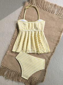 SHEIN Tween Girl Patchwork Striped Sweet Halter Neck Tank Top And Triangle Bikini Bottom Swimsuit Set - Yellow - View 2