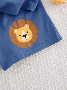 Cozy Pixies 2 Stücke Baby Jungen Cartoon Löwe Muster Strick Rundhals Kurzarm Top und Shorts Set mit elastischem Bund - Graublau - Übersicht 6