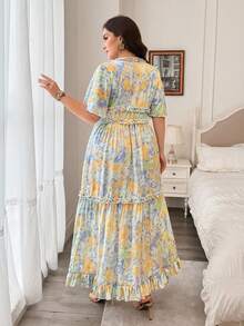 Modelyn Women's Spring/Summer Ditsy Floral Ruffle Hem Deep V-Neck Sexy Plus Size Dress - Multicolor - View 2
