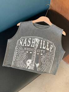 Comfortcana Tank Top Wanita Model Crop Boxy Leher Bulat dengan Motif Gitar, Atasan Musim Panas - Dark Grey - View 7