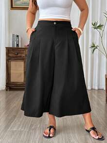 SHEIN PETITE CURVE 大尺碼女款休閒亞麻七分褲，適合休閒、海灘與居家穿著 - 黑色 - 查看 6