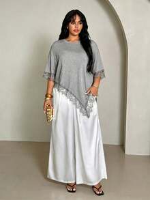 Rustia Plus Size Solid Color Lace Patchwork Round Neck Asymmetric Hem T-Shirt - Grey - View 4