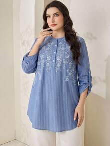 Veilorie Plus Size Floral Embroidery Striped Print Spring Summer Casual Shirt Fall - Multicolor - View 3