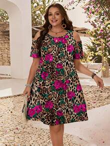 EMERY ROSE Plus Size Summer Fashion Leopard & Flower Print Off-Shoulder Dress,Sun Dresses For Women,Sundress Suitable For Going Out Chic Dress,Spring/Vacation - Multicolor - View 1