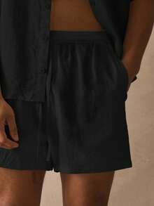 Musero Mid Length Bermuda Style Elasticated Drawstring Waistband Linen Shorts Spring Summer Essentials - Black - View 5