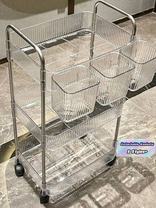 2/3/4-Tier Rolling Cart With Hanging Basket, Clear Multifunctional Storage Trolley With Handle & Wheels, Mobile Organizer Shelf For Office, Bathroom, Kitchen, & Living Room, Ideal For Snack, Seasonings, Cosmetic, Books, Food, Home Utility