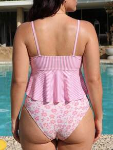 Swim Mod Plus Size Women's 2-Piece Random Print Elegant Beach & Pool Tank Style Swimsuit - Pink - View 2