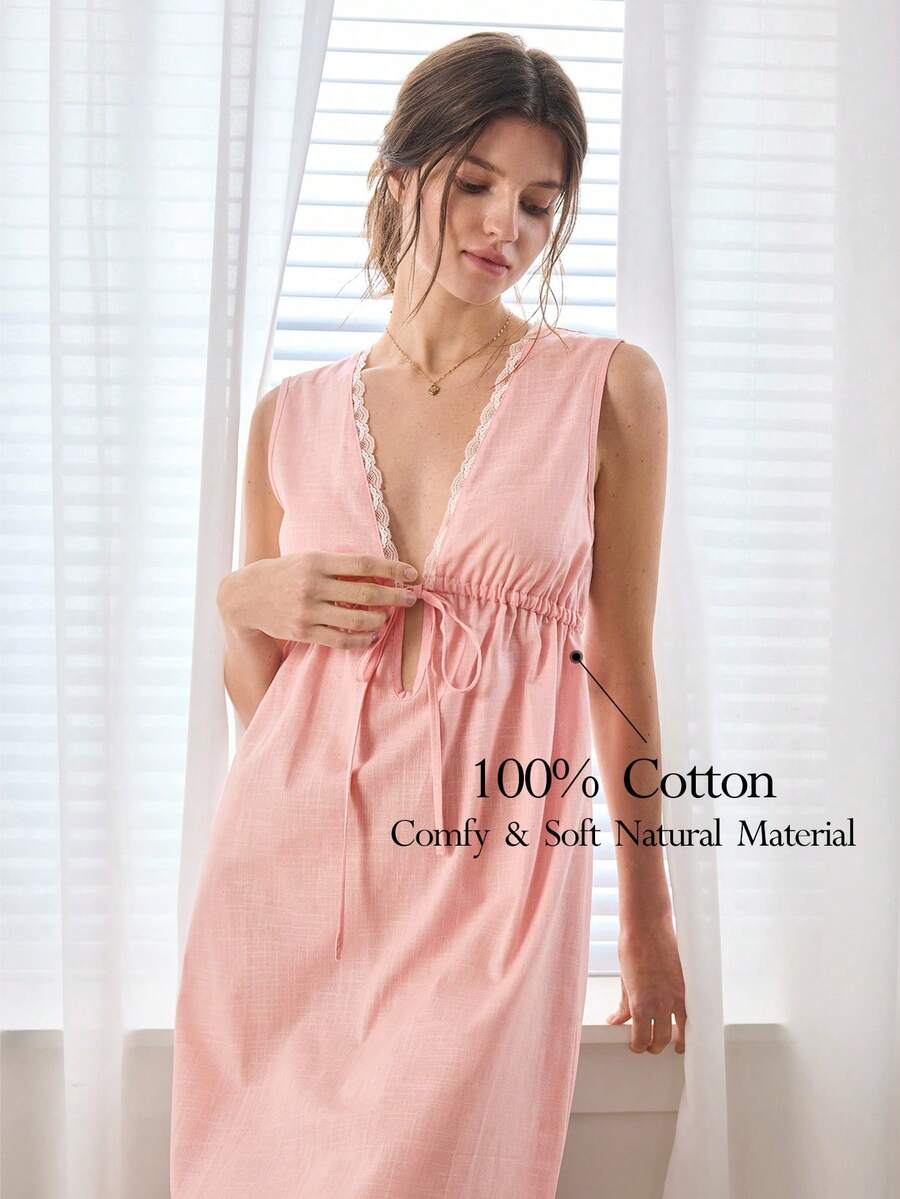 Ocili 女士夏季休闲撞色蕾丝前系带无袖睡裙 - 粉色 - 查看 1