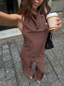 Firerie 女士新款深棕色条纹露背吊带上衣和裤子两件套，露背吊带阔腿裤套装，休闲度假松紧腰裤套装，优雅休闲通勤复古现代高领无袖上衣套装，办公套装，日常休闲套装，女士通勤套装，春夏秋季服装，优雅，通勤，约会，派对，音乐节，波西米亚风，度假，波西米亚风，海滩，夏威夷返校季，女士两件套 - 彩色 - 查看 3