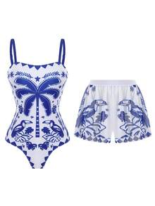 Swim Oasis 2026 New Plus Size Blue & White Tropical Coconut Tree Toucan Print Wide Adjustable Shoulder Strap Waist-Defining Semi-Covering Hip Design Paired With High-Waist Mesh Pants Mesh Tummy Control Slimming Casual Daily Beach Vacation Women's One-Piece Swimsuit Set - Blue and White - View 3