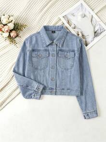Tween Girls' Denim Jacket Coat Autumn New Arrival Fashion Casual Light Blue Washed Patch Pocket Design Cropped Basic Style Loose Fit - Light Wash - View 3