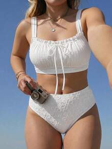 Swim Mod Plus Size Women Beach Vacation Solid Color Textured Frill Trim Swimwear Top - White - View 4