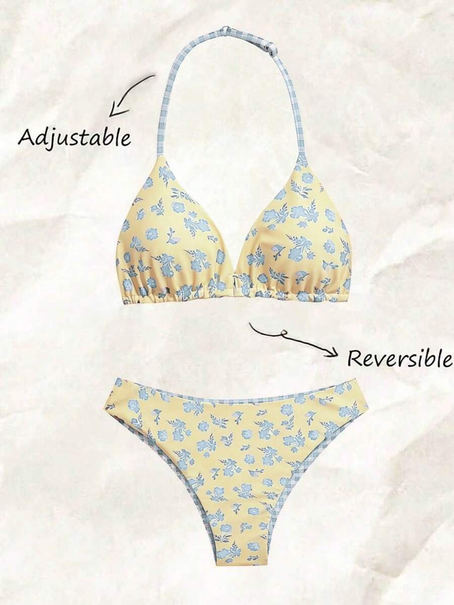 SHEIN Tween Girls Yellow Background With Pink Ditsy Floral Reversible Double-Fabric Swimwear Set For Girls, Suitable For Beach Vacation, Holiday, Swimming, Pool Party - Yellow - View 1