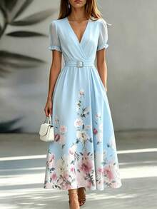 SHEIN Franclia 法式优雅V领连衣裙、女士长裙、女士泡泡袖雪纺迷你连衣裙、女士浪漫长裙、女士浅蓝色连衣裙、女士印花连衣裙、女士夏季度假连衣裙、女士优雅连衣裙、女士收腰喇叭裙 - 淺藍色 - 查看 3