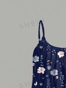 SHEIN Clasi 女款花卉印花休閒百搭日常出遊細肩帶背心上衣 - 藏蓝色 - 查看 5